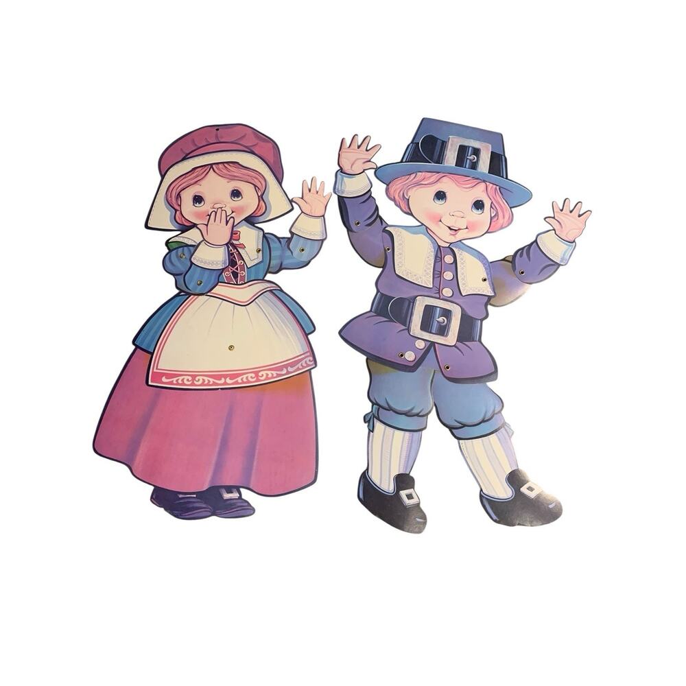 VTG 1986 Beistle Thanksgiving Die Cut Decorations Jointed Pilgrim 25" Girl Boy